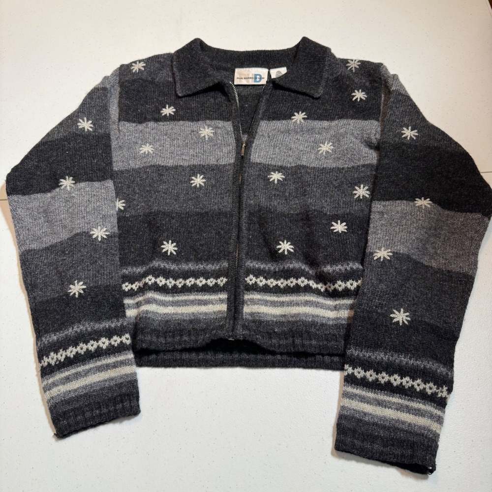 Paul Harris Design 100% Shetland Wool Full Zip Cardigan Sweater Snowflake S READ